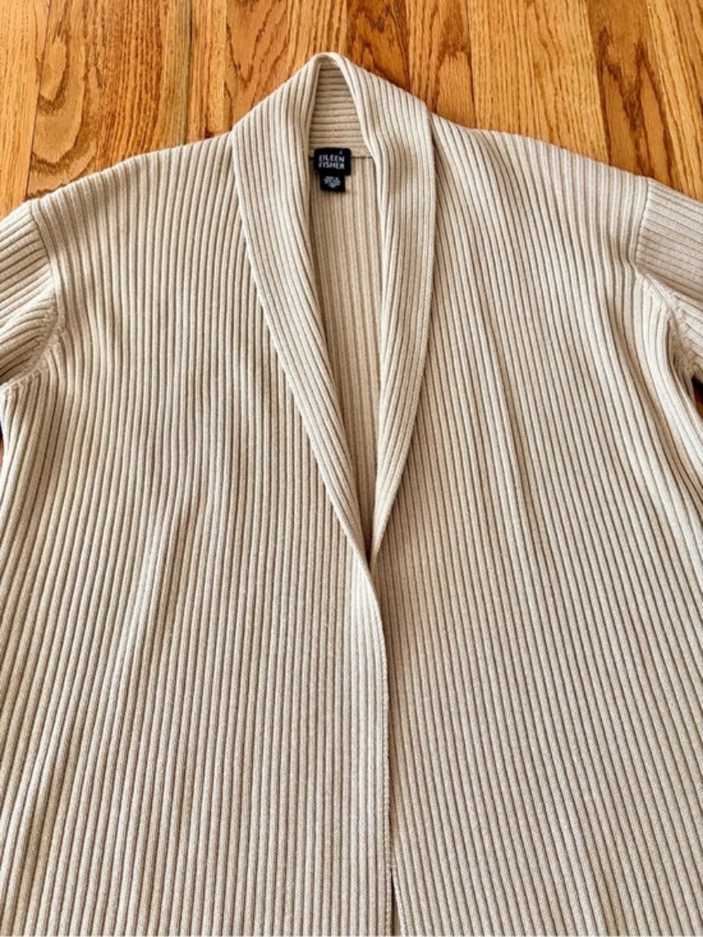 Eileen Fisher Ribbed Merino Wool Open-Front Cardigan in Light Beige